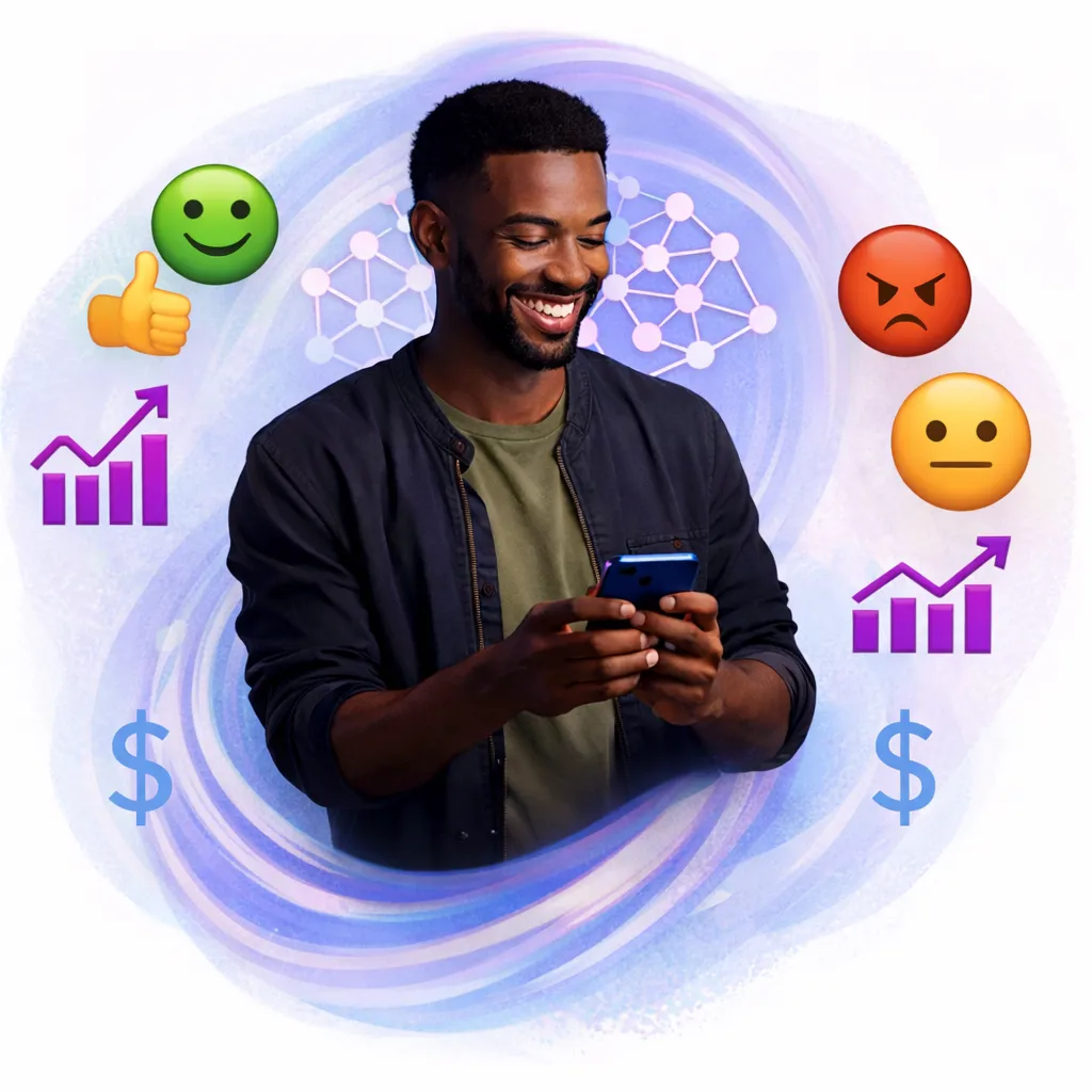 Homem sorrindo interagindo com smartphone